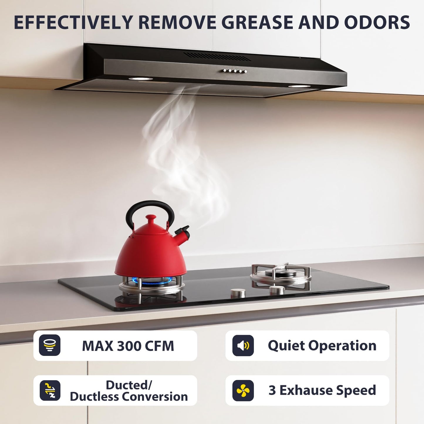 Gveyajo 30 Inch Ultra Slim Under Cabinet Range Hood, 300 CFM Ducted/Ductless Kitchen Vent Hood, Plug-In Exhaust Fan with 3-Speed, LED Lights, Charcoal Filter, Easy Install, Quiet Operation