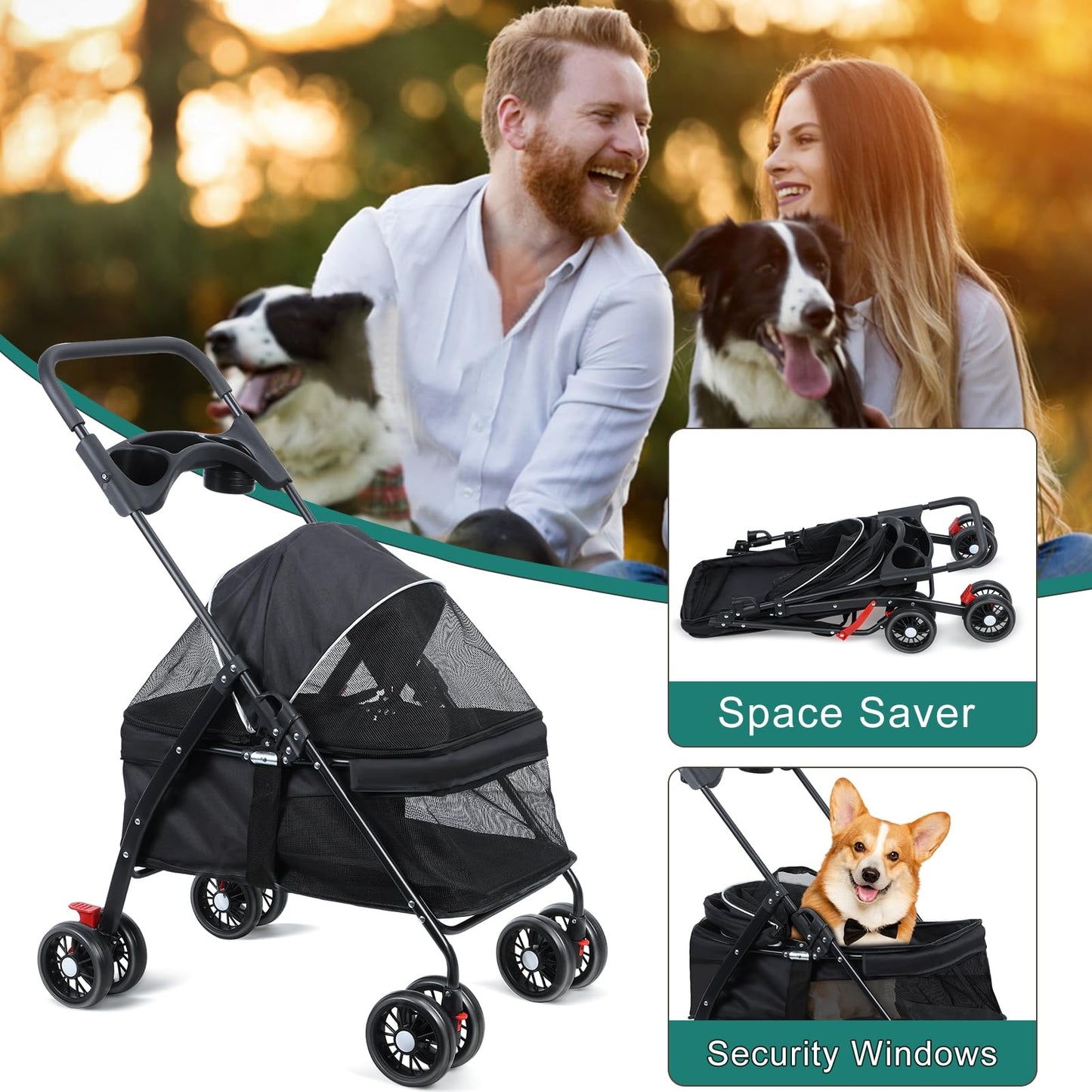 sxvbdway 4 Wheels Pet Stroller for Medium Small Dog up to 50lbs, Dog Cat Stroller, Outdoor Travel Pet Folding Strollers with Cup Holder, Detachable Carrier, Breathable Visible Mesh (Black Upgraded)