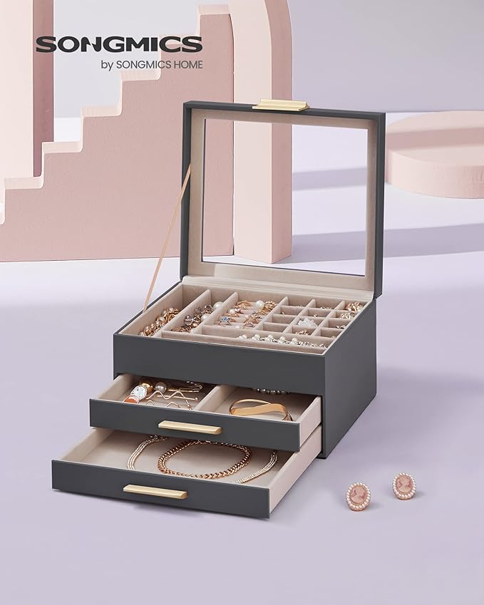 SONGMICS GISELLA Collection - Jewelry Box Organizer, 3-Layer Jewelry Storage with 2 Drawers, Shiny Metal Hardware, Glass Lid, Modern, 8 x 9.1 x 5.3 Inches, Gray and Gold Color UJBC239G02