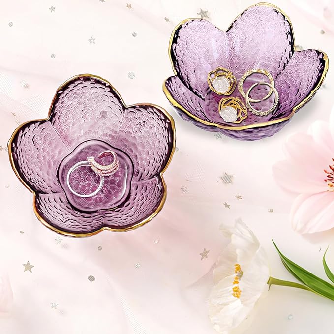 Gifts for Women Purple Flower Jewelry Dish Glass Ring Holder Decorative Jewelry Tray Cute Vanity Room Decor Aesthetic Nightstand Bathroom Decor Trinket Dish Friendship Birthday Christmas Gifts (2pcs)