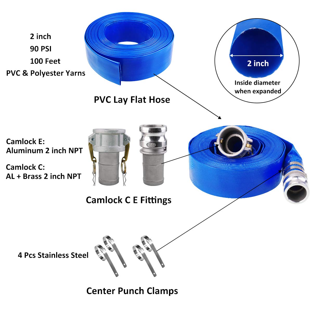 2" x 100' Blue PVC Backwash Hose for Swimming Pools, Heavy Duty Discharge Hose Reinforced Pool Drain Hose with Aluminum Camlock C and E Fittings