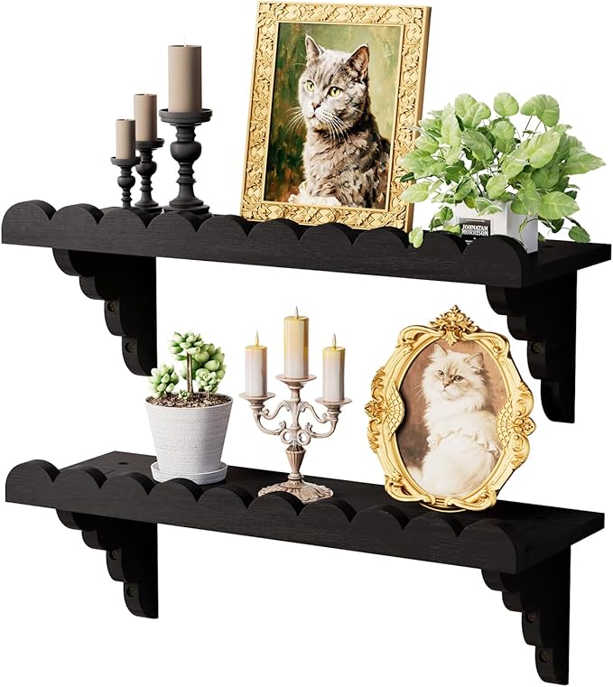 QsQueen Scalloped Wood Wall Shelf Ã¢ÂÂ 17 Inch Floating Shelf with Wood Brackets, Easy to Install Rustic Wall Shelf for Living Room, Bedroom, Bathroom, or Any Space, Black Shelves