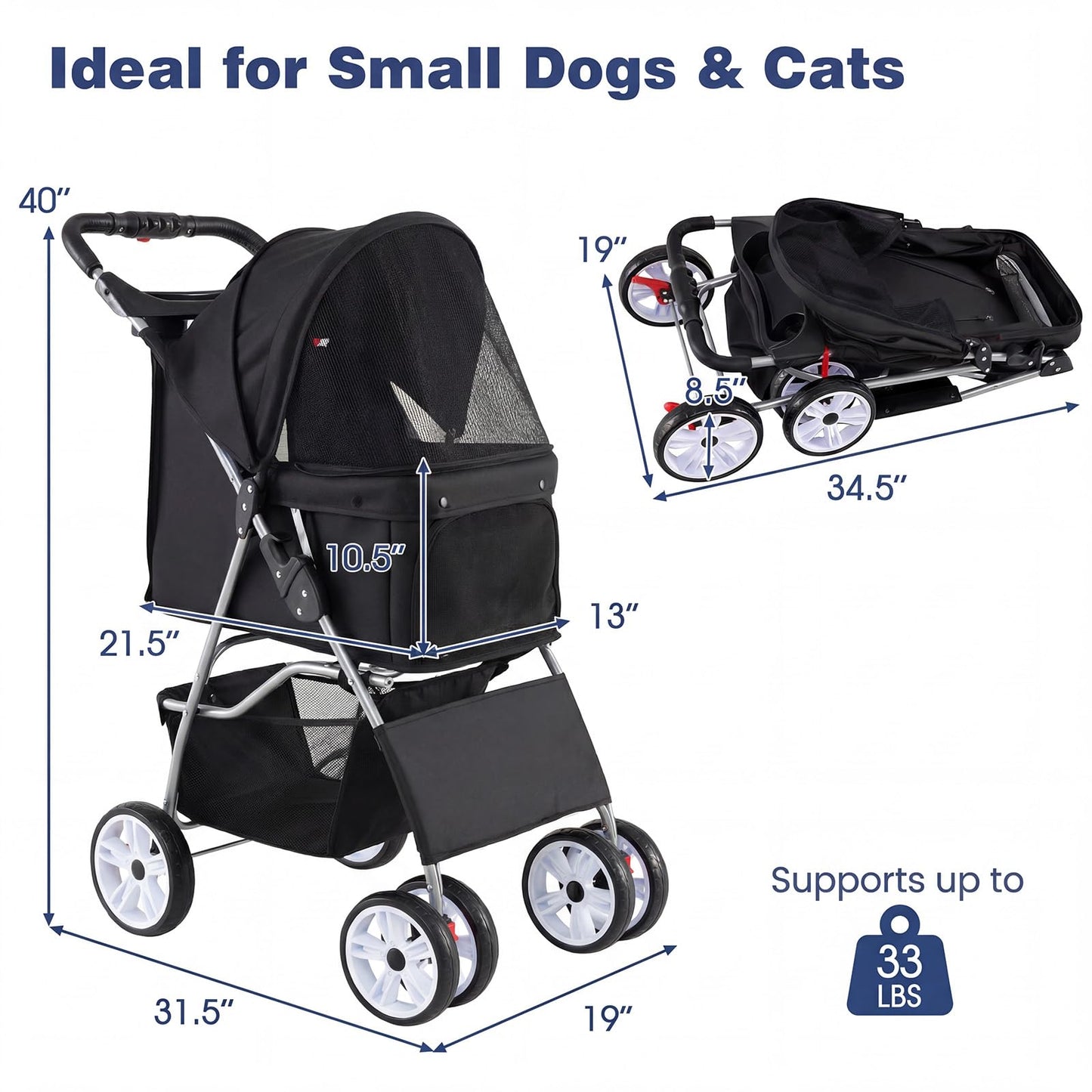 Giantex Foldable Pet Stroller for Small Dogs & Cats, Lightweight Dog Stroller with Lockable Wheels, One-Hand Quick Fold, Adjustable Canopy, Safety Leash & Storage Basket, Pet Travel Stroller, Black