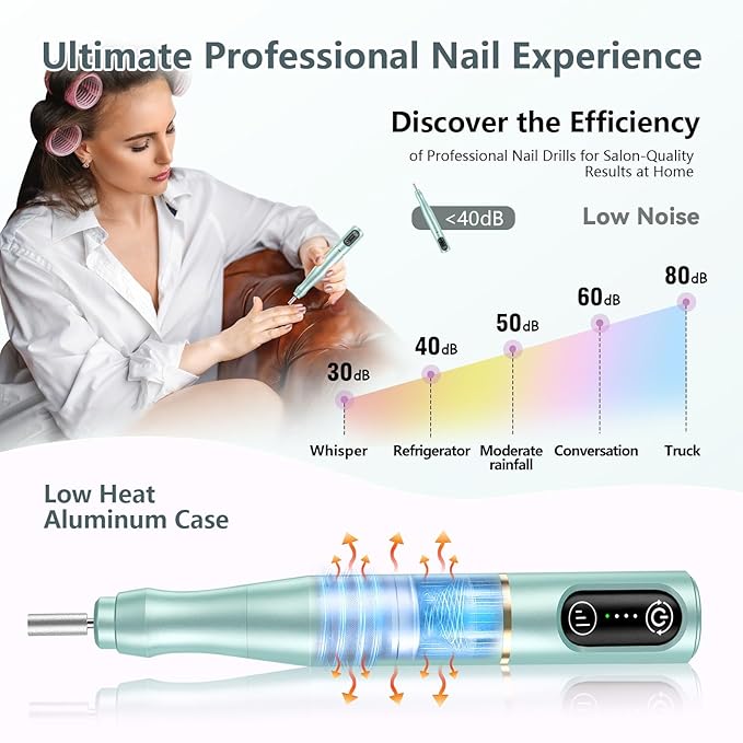 Cordless Nail Drill Electric Rechargeable File Kit, Professional Efile Acrylic Gel Nail Polish Remover Pedicure Manicure Machine Portable Set with 11 Bits 56 Sanding Bands for Salon Mint Green