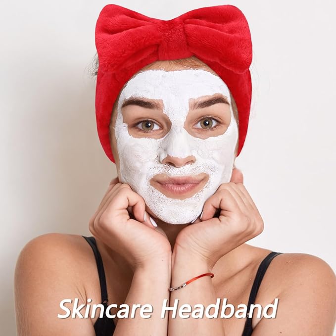 VELSCRUN Spa Headband, Makeup Face Wash Skincare Headbands, Bow Hair Band Party Favors for Washing Face, Stocking Stuffers For Women Teen Girls Christmas Gifts Hair Accessories Red Green