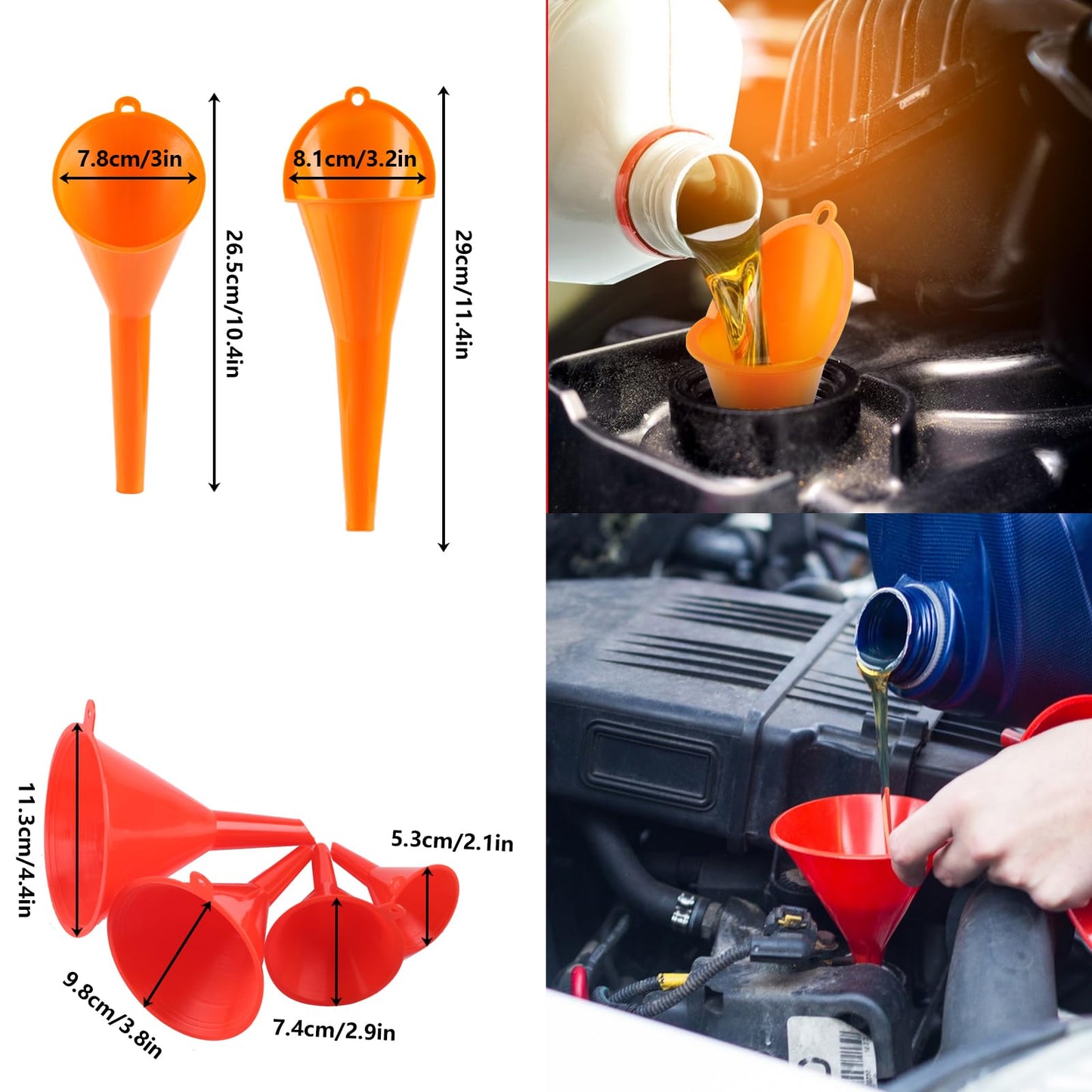 10 Pcs Automotive Funnels Set, Wide Mouth Fuel Funnels, Plastic Long Neck Oil Flexible Right Angle Funnelss, with Detachable Spout and Filter, Plastic Funnel Set for Water/Gasoline/Coolant/Engine Oil
