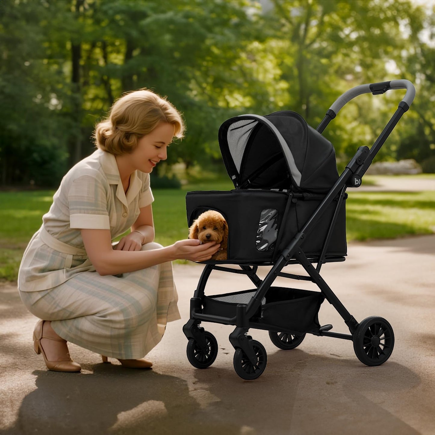 Foldable Dog Stroller for Small Dogs Cats Portable Compact Stroller for Pets Up to 35lbs One Click Folding Travel Pet Carriage with Convertible Canopy, Storage Basket - Black