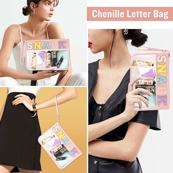 Chenille Letter Clear Snack Bag Purse, Monogram PVC & PU Zipper Pouch With Wristlet, Waterproof Portable Glitter Makeup Beach Toiletry Bag for Women Girls (SNACKS-Pink)