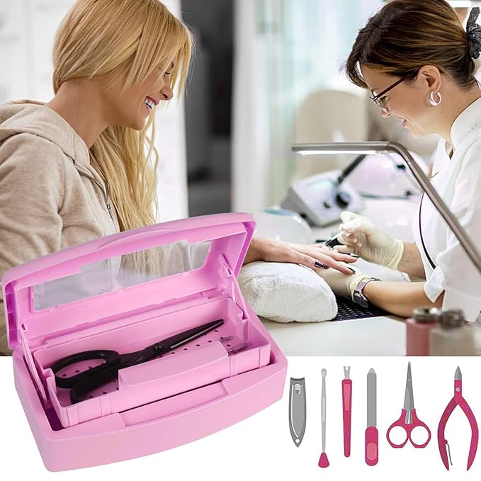 Gusnilo Nail Tool Sterilizer Box Disinfectant Jar Plastic Disinfectant Container Suitable for Nail Tools Hair Salons Beauty Centers and Manicure and Nail Equipment(Pink)