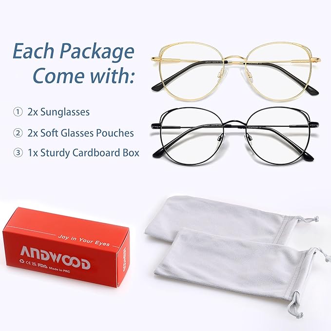 ANDWOOD Blue Light Blocking Glasses Women Cat Eye Computer Eyeglasses Metal Frame Hipster 2 Pack