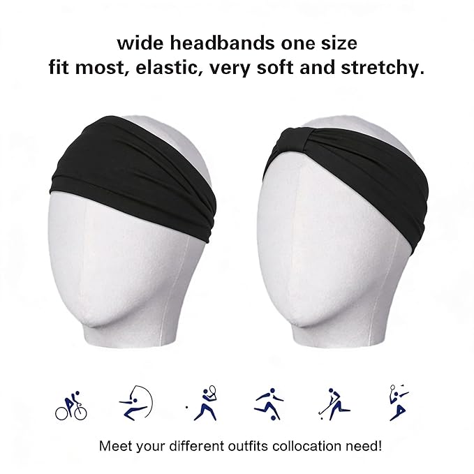 2 Pack Black Wide Headbands for Women - Thick Stretchy Non Slip Fabric Sweat Bands, Soft Hair Bands for Workout, Running, Spa, Makeup & Washing Face