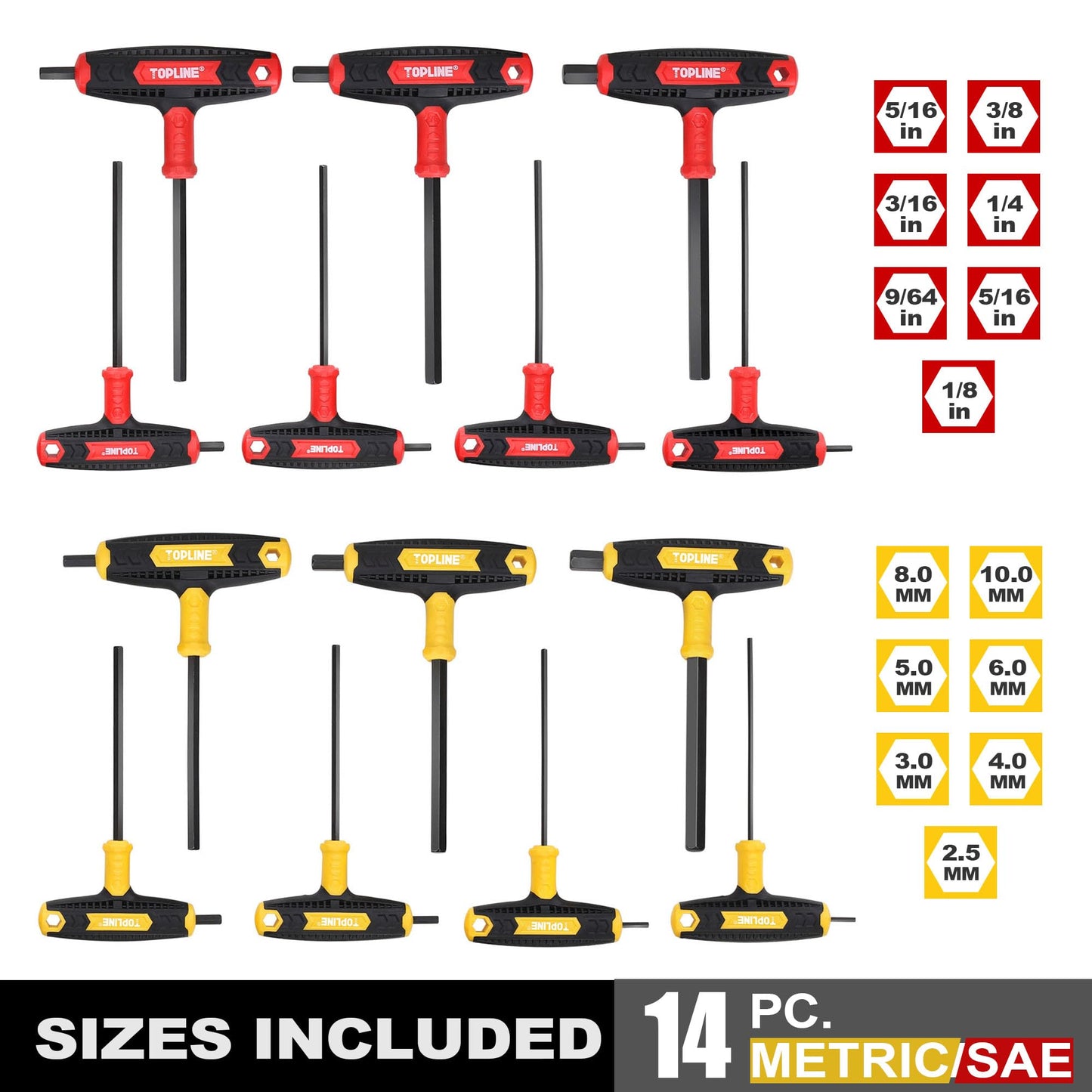 Topline 14-Piece Allen Wrench Set, Metric&SAE T-Handle, Long Arm Hex Key Set with Storage Box, Portable Allen Key Set for Basic Home Repair and Mechanical Maintenance