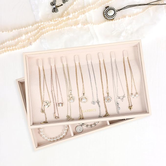 LANDICI Stackable Jewelry Organizer Trays 4 Set,PU Leather Jewelry Organizer Drawer,Jewelry Storage Display Tray for Earring Necklace Rings Bracelet with Removable Dividers,Apricot