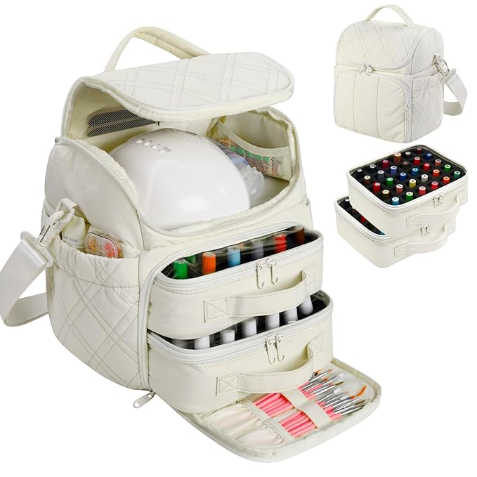 Nail Polish Organizer with 2 Detachable Cases Hold 60 Bottles & Nail Lamp, Portable Nail Organizers and Storage with Handle & Shoulder Strap, Travel Nail Bag for Manicure Tools