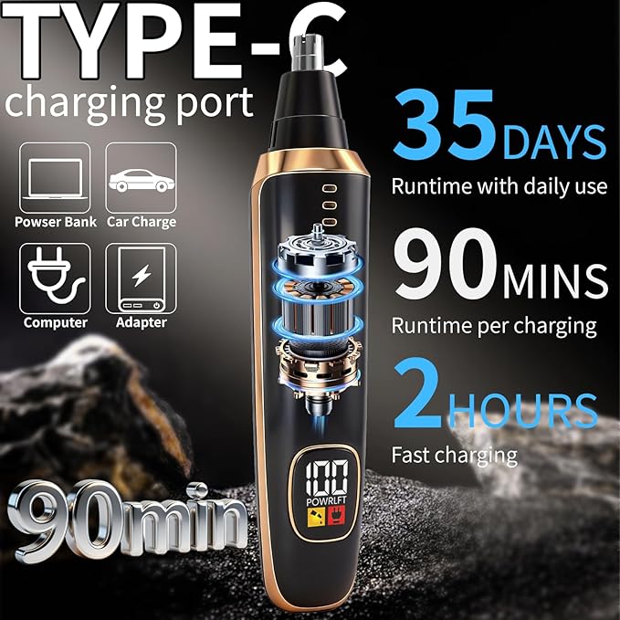 Yunmiss Nose and Ear Hair Trimmer for Men Women,2 in 1 LED Display Eyebrow Hair Trimmer with USB Rechargeable,2026 Portble Waterproof Facial Hair Removal with Dual-Edge Blades for Travel (Black)