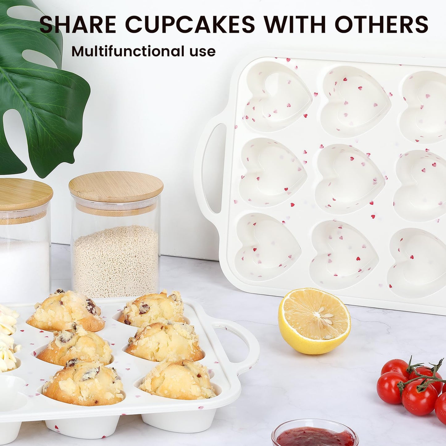 Vinino Silicone Heart Shaped Muffin Pan with Metal Reinforced Frame, 2 Pack Cupcake Pan, Silicone Heart Mold for Baking, Chocolate Bar and Egg Bites, Dishwasher Safe