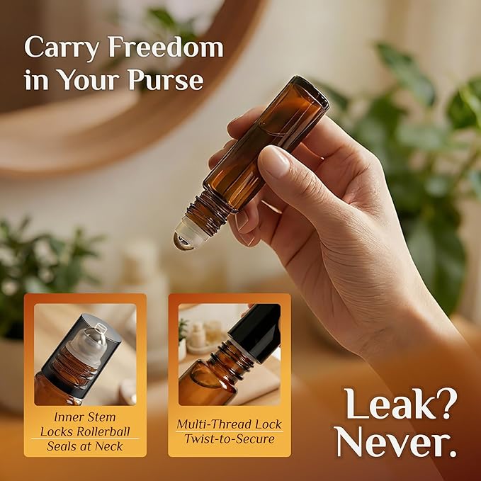 PrettyCare 4 Pack 10 ml Amber Glass Roller Bottles for Essential Oil with Stainless Steel Roller Ball - Refillable Leak-proof Empty Roll on Bottles with Black Caps for Travel, Perfume,Lab