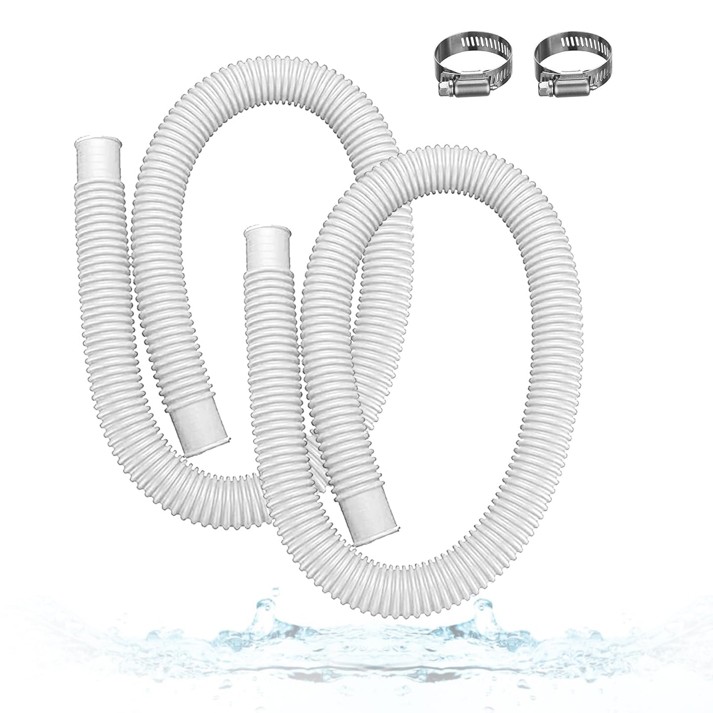1.5" x 59" Pool Hoses for Above Ground Pools – 2-Pack Pool Pump Replacement Hose with 8 Clamps, Compatible with Intex, Coleman, Summer Waves Pool Pumps & Filters (White 2pcs-1.5“)