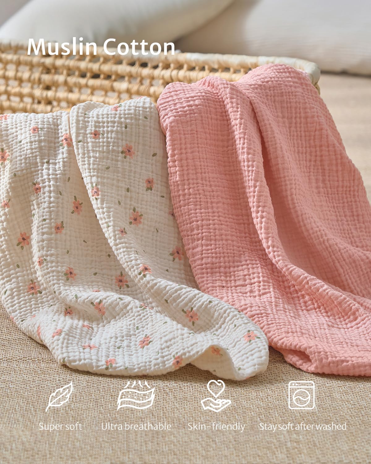 Blissful Diary Muslin Changing Pad Cover for Baby Girls, Ultra Soft Breathable Cotton, Baby Diaper Change Table Pad Covers, 2Pack (Pink Floral & Light Pink)