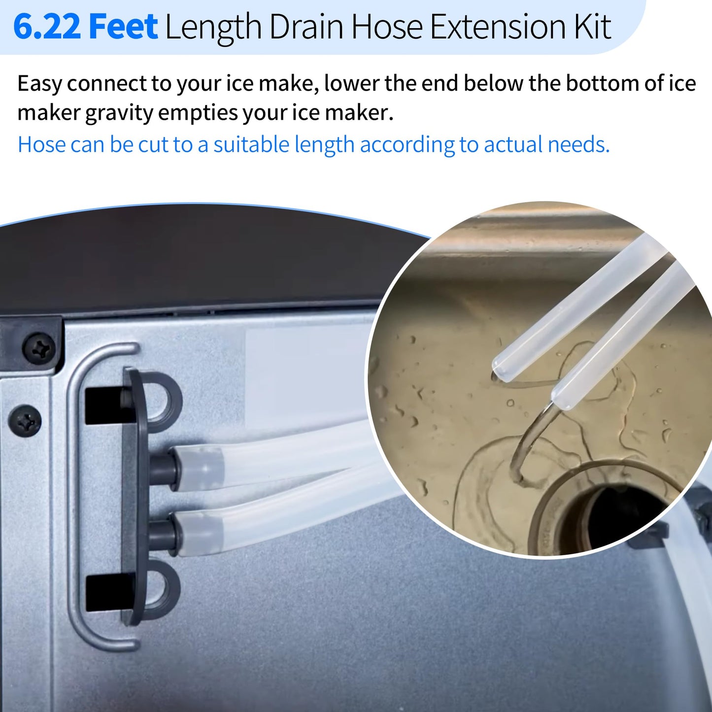 Ice Maker Drain Hose with Plug, Ice Maker Parts Compatible with GE Opal Nugget Ice Maker, 6.22 Feet 1/4'' ID Drain Hoses Extension with Stopper Cap Hanger Holder Clip
