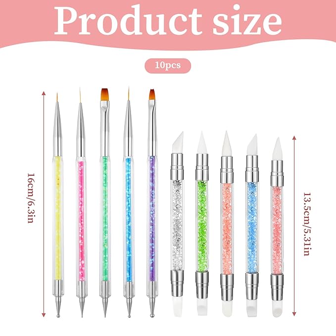 10Pcs Nail Art Brush Set, Nail Art Sculpture Pen Dual Tipped Silicone Nail Tools Acrylic Gel Nail Brush Crystal Handle Liner Brushes Rhinestone Nail Polish Carving Pen Nail Art Tools for Home Salon