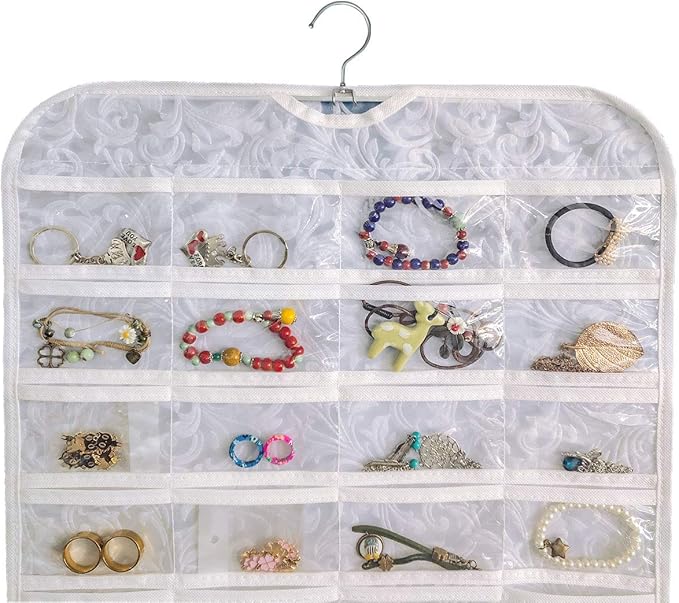 BB Brotrade Hanging Jewelry Organizer,Accessories Organizer,80 Pocket Organizer for Holding Jewelries (White-Embossed)