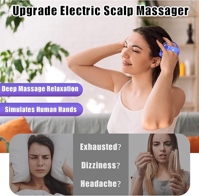 Scalp Massager Electric, Portable Scalp Massager Tool, Waterproof Head Massage Stress Relax, Hair Massagers with 3 Speed Modes & 8 Massage Claws