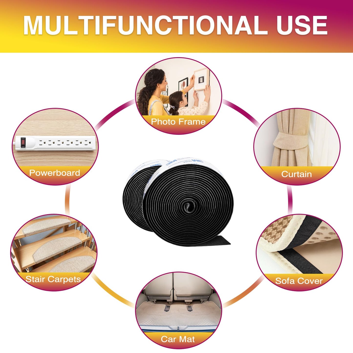 12Ft x 1 Inch Hook and Loop Tape, Heavy Duty Double-Sided Adhesive Strips, Strong Sticky Back Fastener, Cuttable Interlocking Tape Fasteners for Home, Office, Car, School & DIY Crafts (Black)
