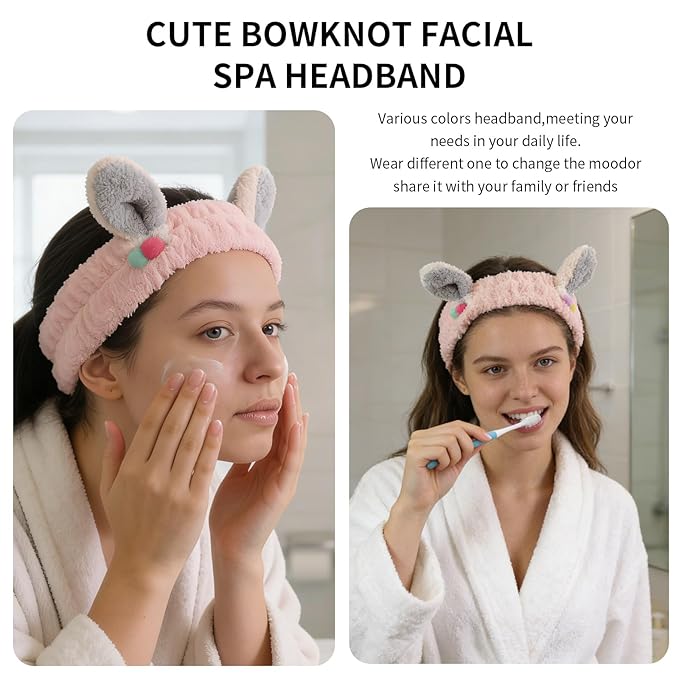 PERFECTSIGHT Kawaii Headband for Spa, Makeup, Washing Face, Party - 2 Pack Cute Hair Band for Shower Beauty Skincare, Soft Facial Headbands for Girls and Women (Pink+Blue Rabbit Ear)