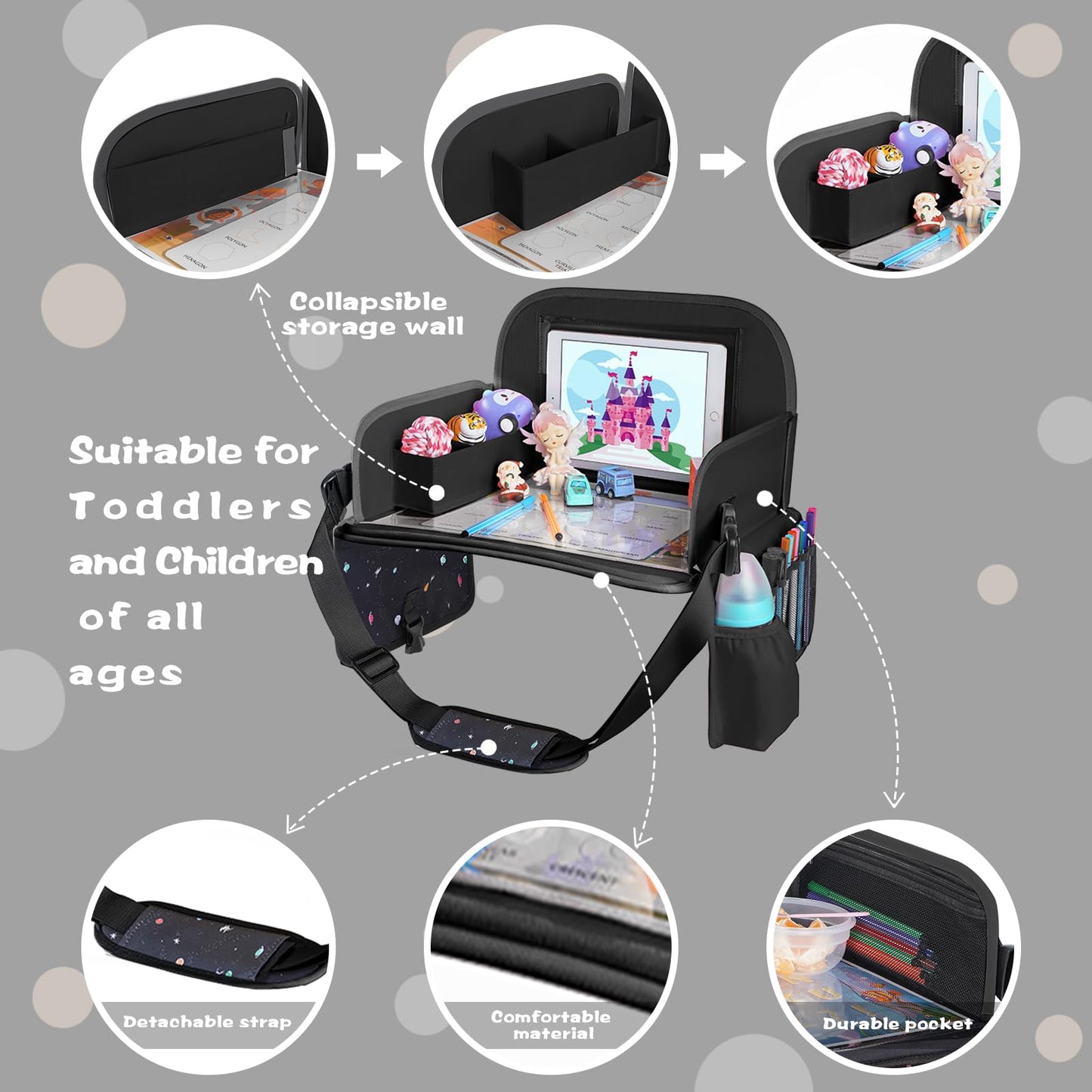 MENZOKE Kids Travel Tray, Road Trip Activities for Kids with Dry Erase Board & Cooler Cup Holder, Toddler Car Activities with No-Drop iPad Holder Stand, Roadtrip Essentials for Toddlers, Black