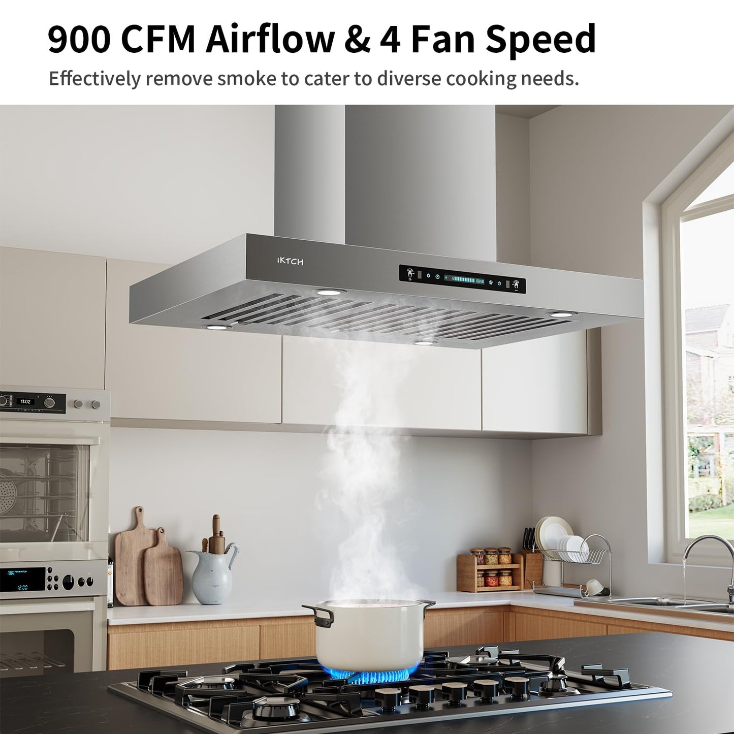 IKTCH Upgrated 36 inch Island Mount Range Hood, 900 CFM Ducted Range Hood with 4 Speed Fan, Stainless Steel with Gesture Sensing & Touch Control Making life Smarter IKIS02-36
