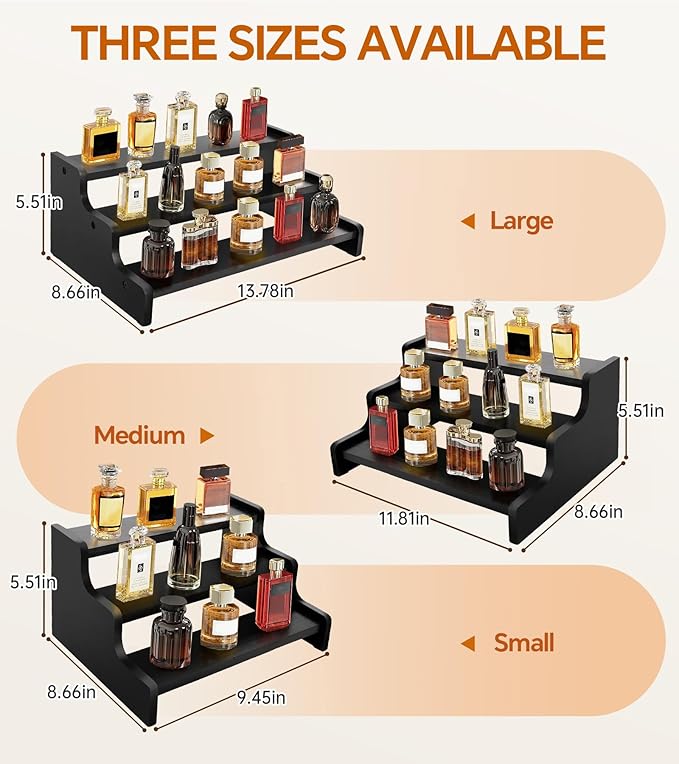 3 Tier Display Risers, Wooden Cologne Organizer for Men, Perfume Organizer Stand, Cologne Stand with Anti-Slip Washers, Wooden Display Shelf Stand for Dessert, Cupcake, Figure and Collection, Black, 3-tier-9.4in