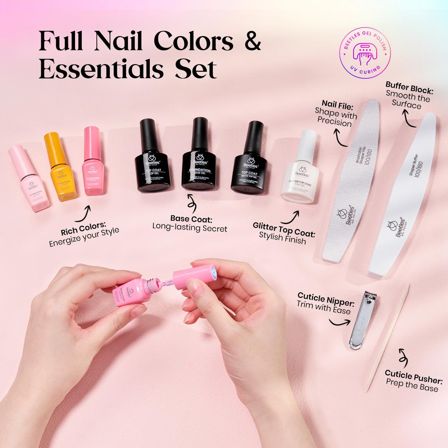 beetles Gel Polish Shifting Lights - Gel Nail Polish Set Brown Burgundy Red Black White Green Purple Glitter 36 Colors with Base Coat Glossy Matte Glitter Top Coat UV LED Soak Off Gift for Women