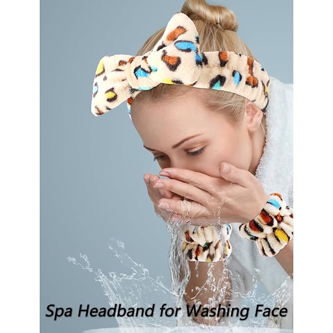 VELSCRUN Spa Headband, Makeup Face Wash Skincare Headbands, Bow Hair Band Party Favors for Washing Face, Stocking Stuffers For Women Teen Girls Christmas Gifts Hair Accessories Leopard Print Color
