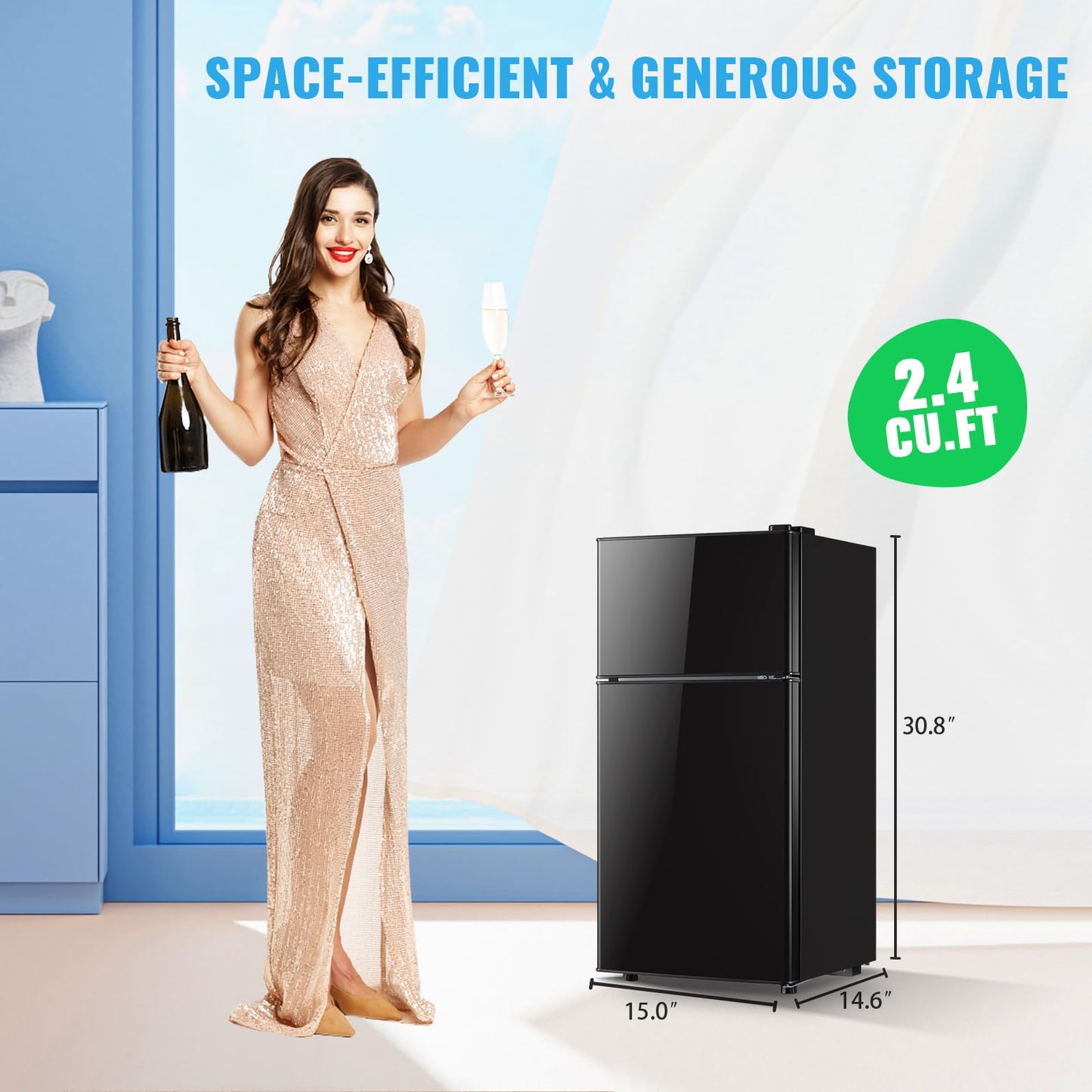 DEMULLER 2.4 Cu.Ft Mini Fridge with Freezer & Double Door Small Tiny Size Refrigerator with 7 Temperature Control Knob Only Suitable for One Person Use Black