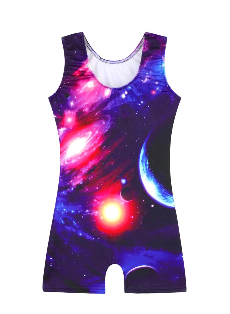 HOZIY Gymnastics Leotards for Girls 3t 4t Toddlers Kids Leo Tumbling Outfits Planet Cosmos Galaxy Purple Blue Scrunchies Biketards