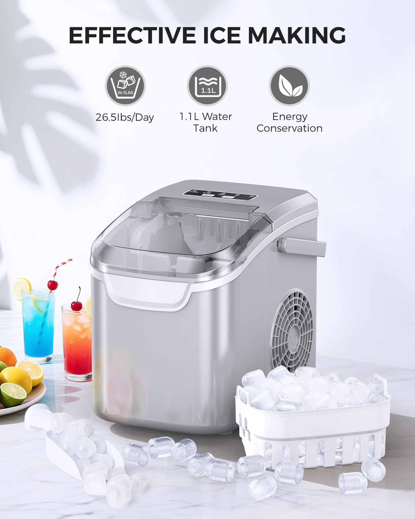 COWSAR Ice Maker Countertop, Portable Ice Machine with Self-Cleaning, 26.5 lbs/24Hrs, 8 Ice Cubes in 6 Mins, Ice Basket and Scoop, Ideal for Home, Kitchen, Bar, Camping