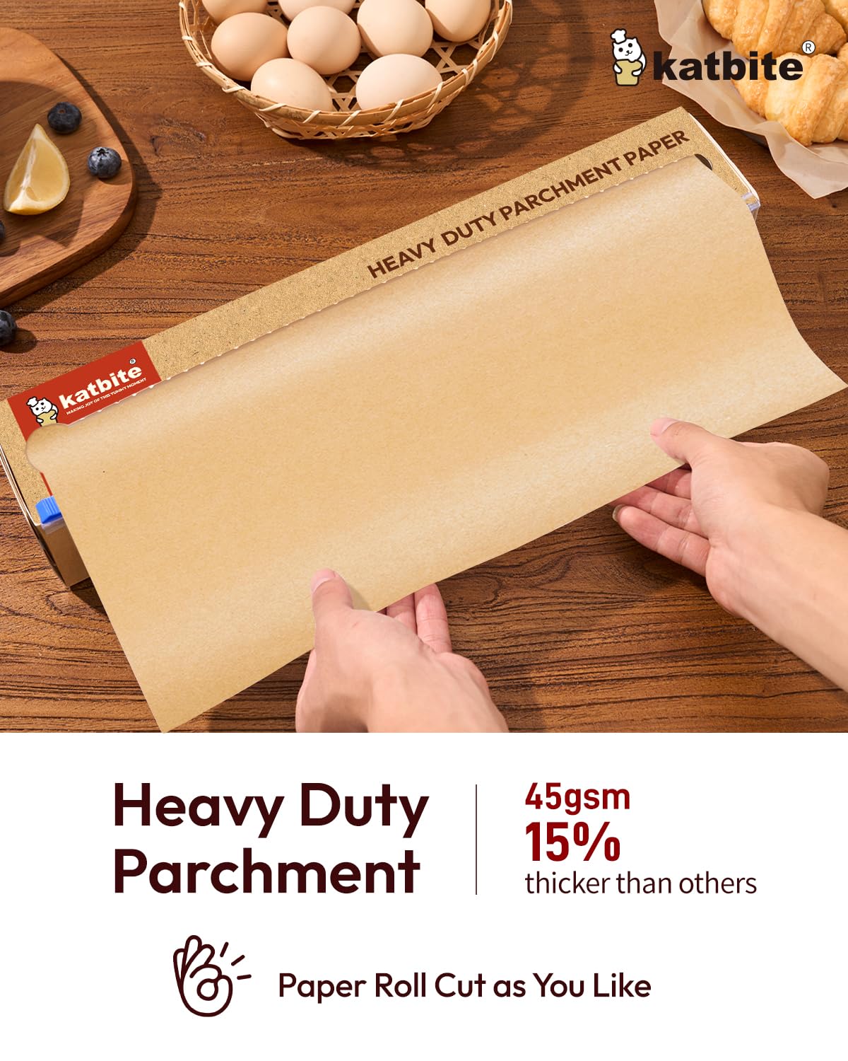 Katbite Unbleached Parchment Paper for Baking, 15 in x 210 ft, 260 Sq.Ft, Heavy Duty Baking Paper with Slide Cutter, Non-stick Brown Parchment Paper Roll for Cooking, Air Fryer, Steaming, Baking Bread