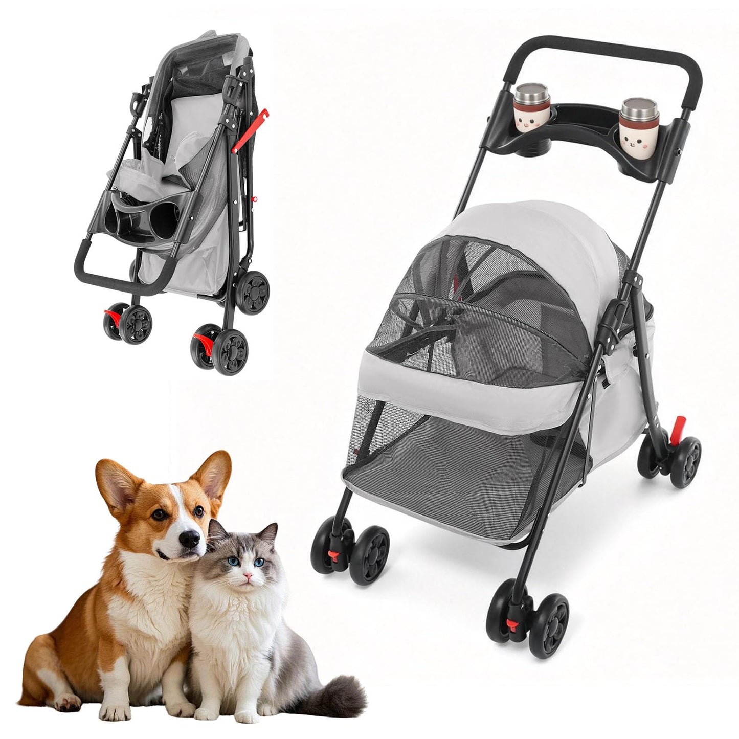 Pet Stroller for Small Medium Dogs Cats, Lightweight Foldable Pet Wagon with 360° Front Wheels & Brake, 40 lbs Capacity Carrier for Park Travel Shopping, Breathable Mesh Basket (Light Gray)