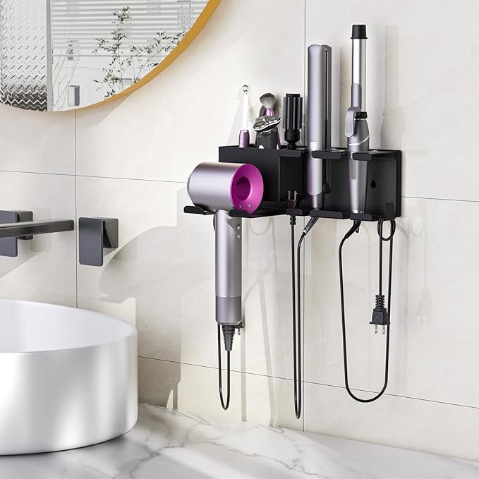 YSD Hair Dryer Holder Wall Mounted, Metal Hair Tools Organizer, Hair Dryer Holder for Blow Dryer, Curling Iron, Straightener, 3 in 1 Bathroom Hair Tool Organizer, Black