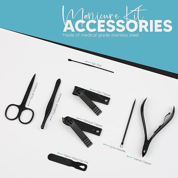Utopia Care - Manicure Kit for Women and Men, Manicure Set with Nail Clippers or Nail Kit Includes Fingernail & Toenail Clippers,18-Pcs Pedicure Kit Stocking Stuffers with Travel Case - Black