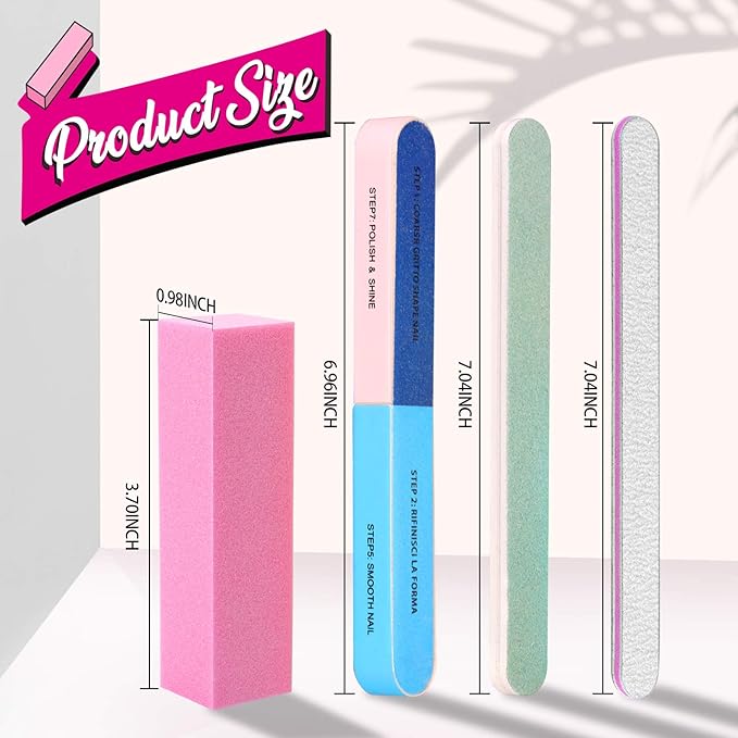 FANDAMEI Nail File and Buffer, Professional Manicure Tools Kit. 8PCS Rectangular Nail Buffer Block, 8PCS Nail File, 2PCS 7 Way Nail File & 2PCS Nail Polishing Buffer. Nail Care File Buffer Tool
