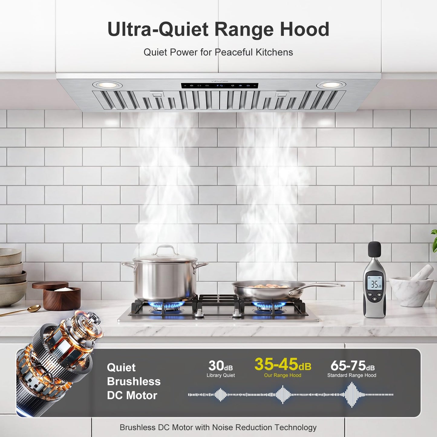 VENFAN 30 Inch Insert Range Hood, 1200 CFM DC Motor Kitchen Vent Hood with Gesture Sensing & Touch Control, Ducted/Ductless Convertible Built-in Range Hood, Stainless Steel