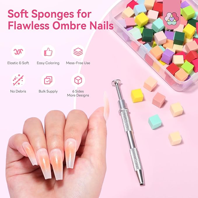 SAVILAND Essentials Colorful Mini Nail Sponge: 100PCS Ombre Sponges With Grabbing Pen Soft Nail Sponges for Ombre French Tip Tools Nail Art Kit Gradient Chrome Effect Nail Art Supplies & Nails Design