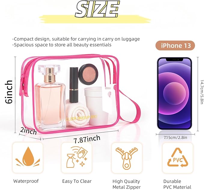 Clear Makeup Bag,2 Pack TSA Approved Toiletry Bag Travel Toiletry Bag Hanging Makeup Cosmetic bag for Women Men (ROSY)