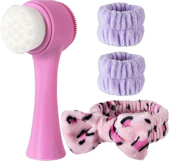 Facial Cleansing Brush 2 in 1, Silicone Face Scrubber Dual Face Brush for Deep Pore Cleansing and Exfoliating, Skincare Headband and Wristbands Set for Washing Face Massaging Spa Makeup,Purple