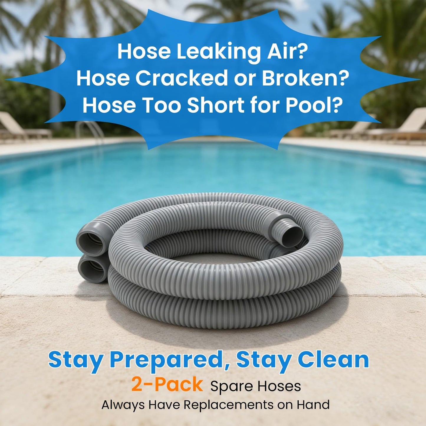 Poolvio Pool Vacuum Hose 2-Pack, Spare & Replacement, 40" Flexible Spiral-Wound Hose with 1.5" Male & Female Cuff Ends, Compatible with Most Inground Pool Automatic Cleaners, Gray