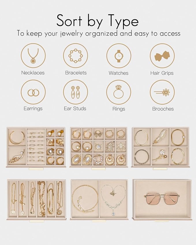 VLANDO 6 Layer Jewelry Box for Women, Glass Lid Jewelry Organizer with 6 Drawers for Necklaces Rings Earrings Bracelets - Toffee