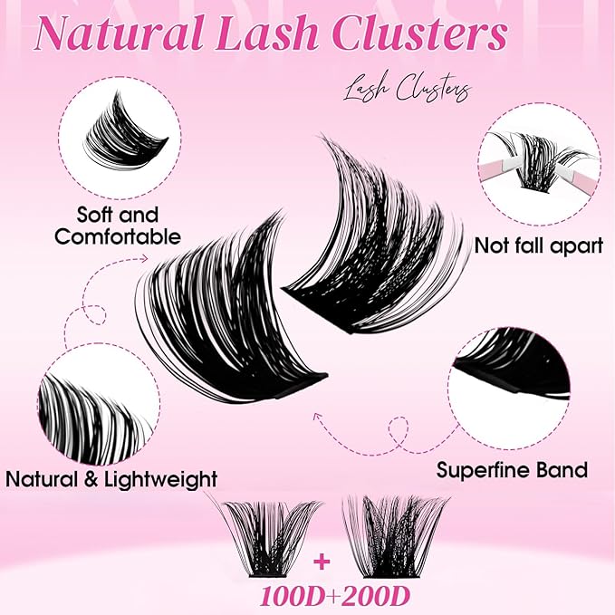 FADLASH Lash Clusters Natural Eyelash Clusters 100D+200D Fluffy Lashes Extensions 8-16mm D Curl DIY at Home (100D+200D, 2 Pack)
