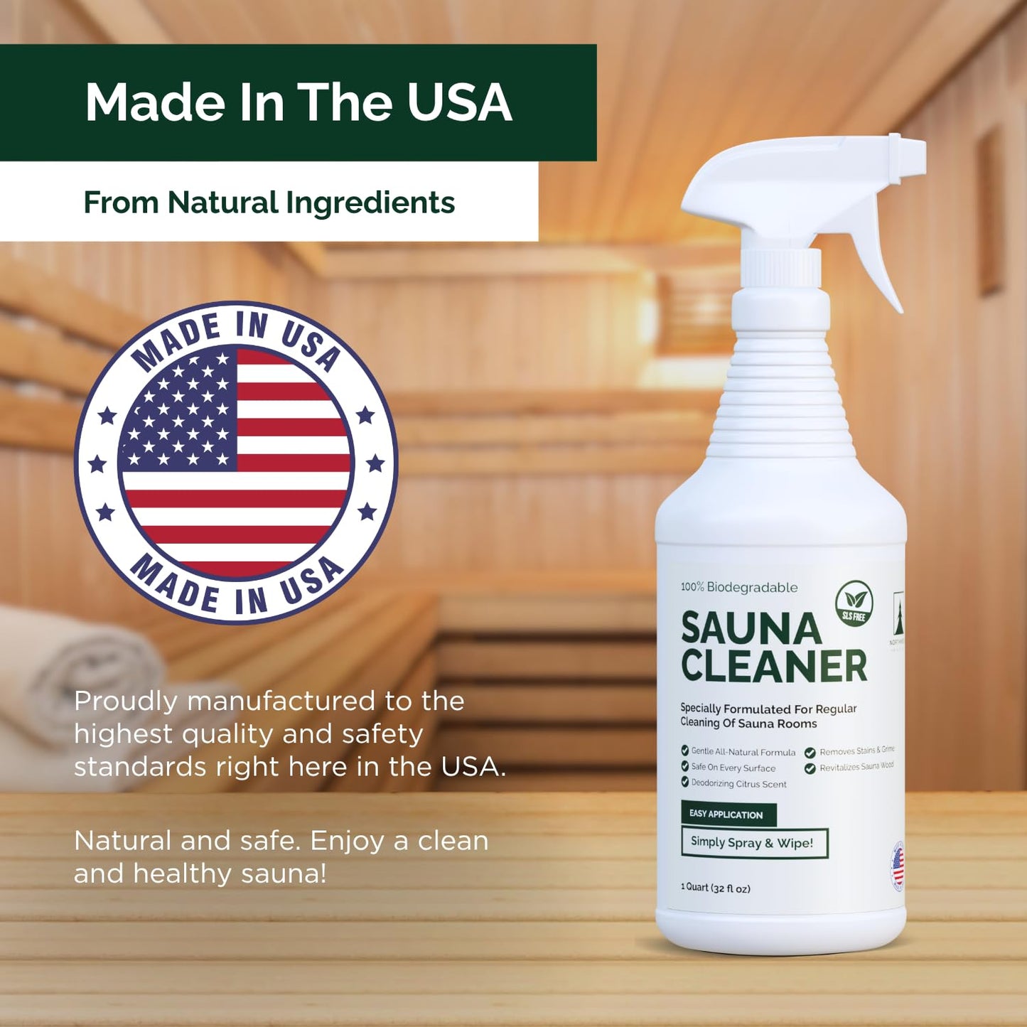 Northwood Sauna - Sauna Cleaner - Natural Wood Cleaner & Deodorizer - Ready-To-Use Spray - 1 Quart (32 Fl Oz)